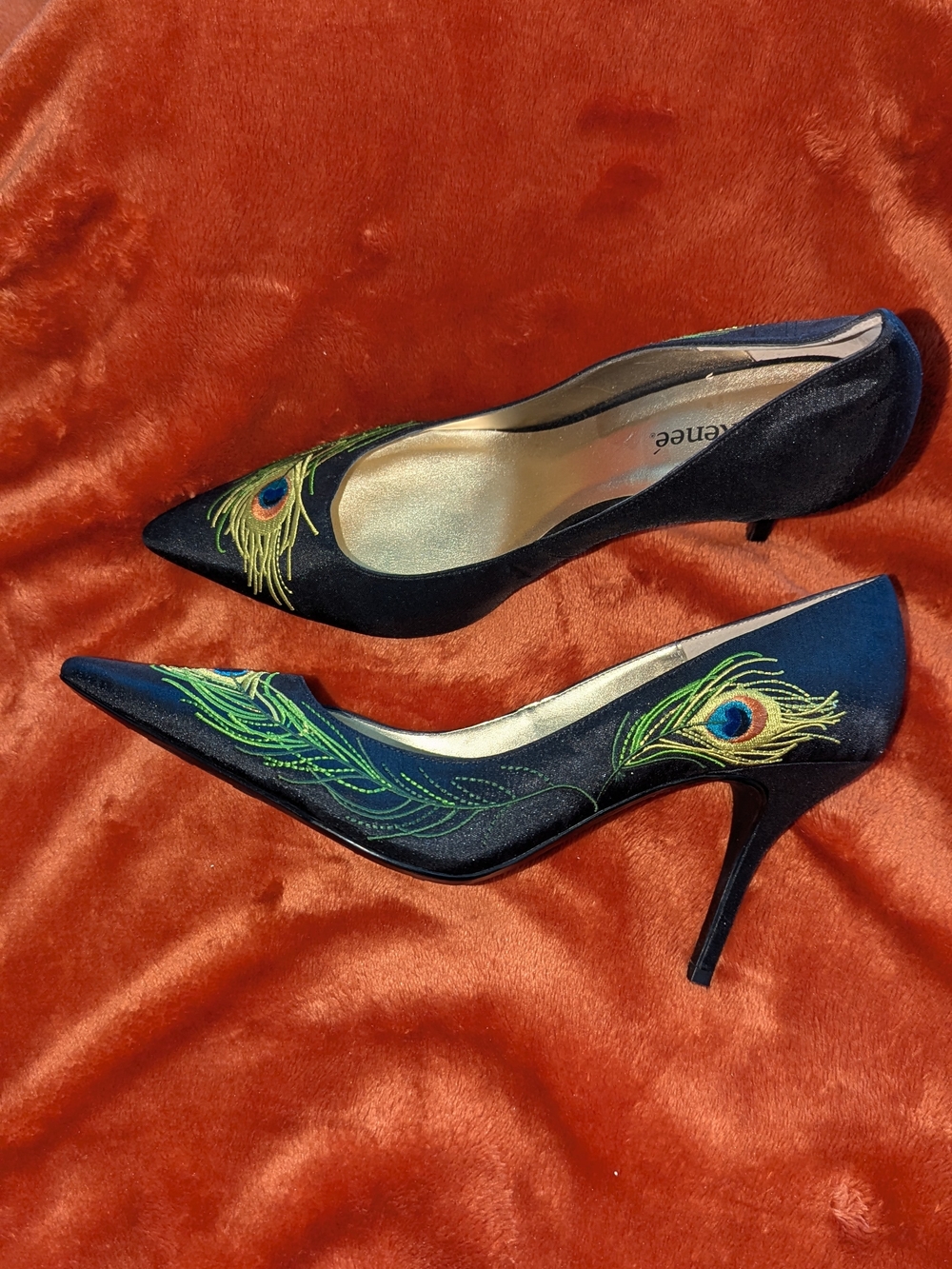 J.Renee Black Satin Pointed Pumps with Peacock Embroidery - Picture 2 of 5